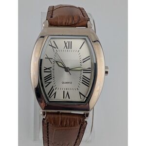 SKC Watch Men 30mm Silver Tone Case Brown Leather Band- New Battery